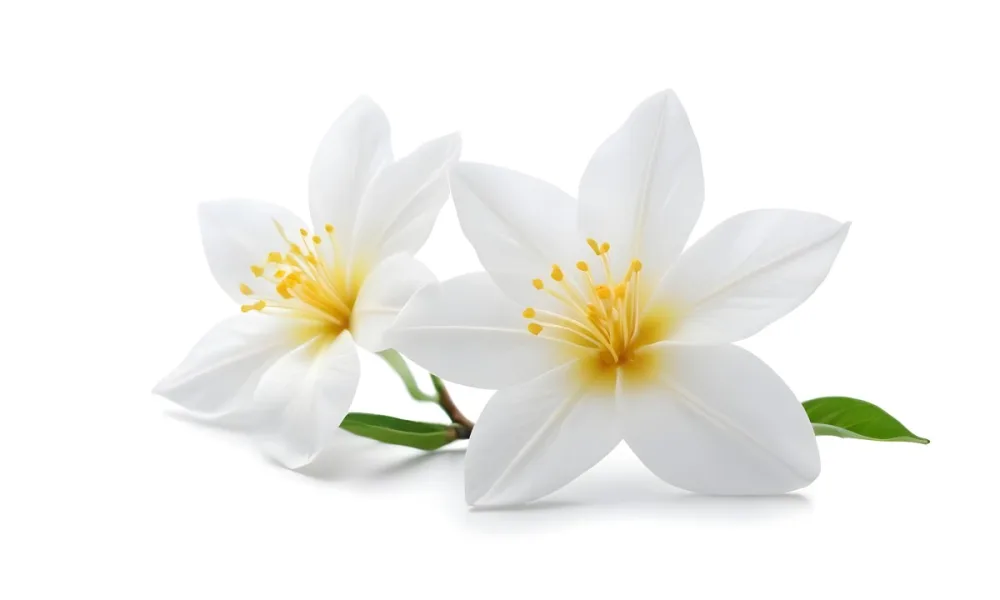 Two Jasmine Flowers With Yellow Petals And White Stamens Close Up Shot Soft Lighting Against A Plain White Background Focus On The Delicate Details Of The Flower 7 Ee06