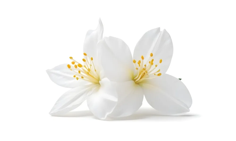 Two Jasmine Flowers With Yellow Petals And White Stamens Close Up Shot Soft Lighting Against A Plain White Background Focus On The Delicate Details Of The Flower 8 E5b7