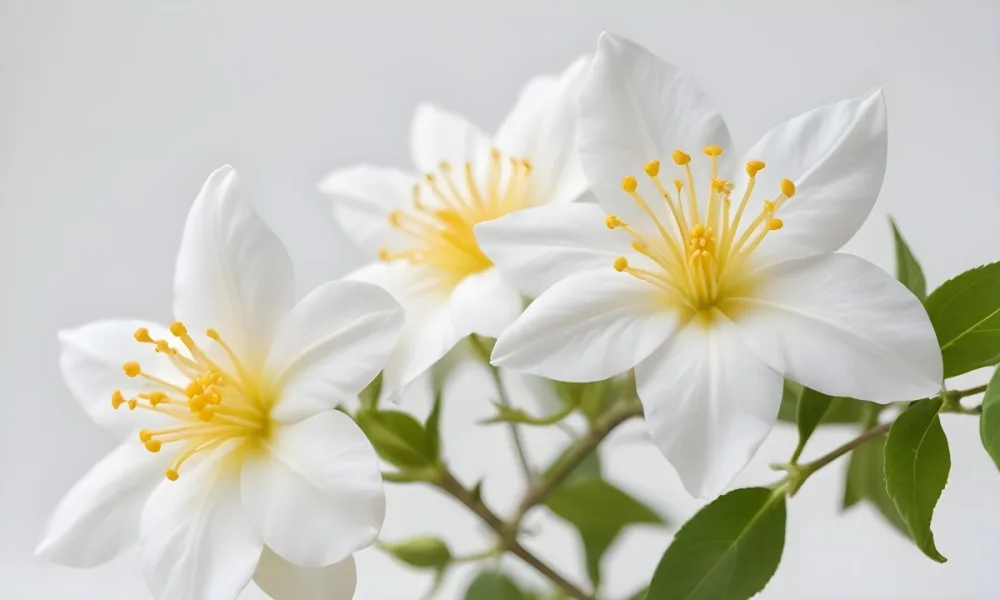 Two Jasmine Flowers With Yellow Petals And White Stamens Close Up Shot Soft Lighting Against A Plain White Background Focus On The Delicate Details Of The Flower 9 0a82