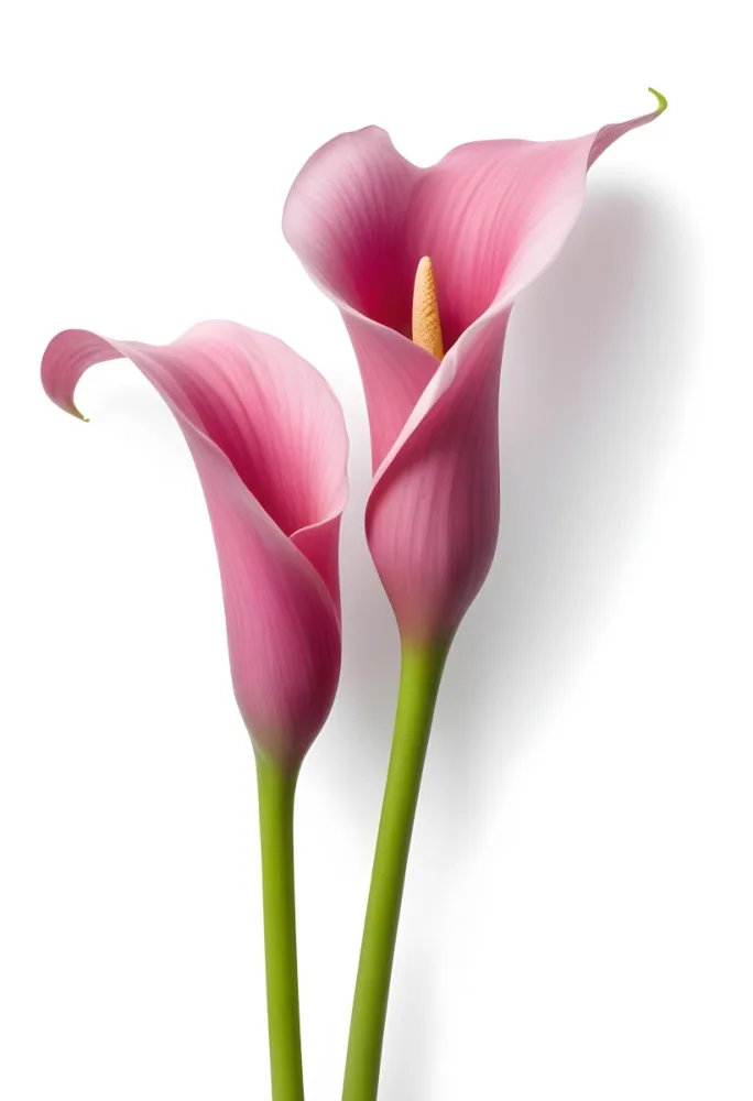Two Pink Calla Lilies With Green Stems Against A White Background 11 690b