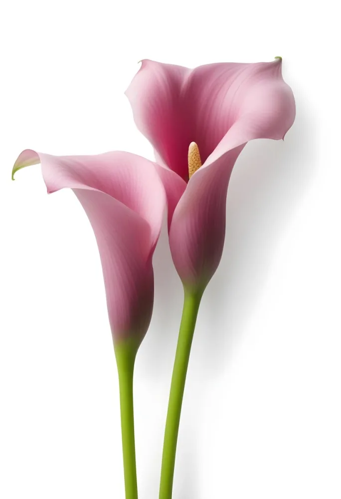 Two Pink Calla Lilies With Green Stems Against A White Background 12 7e66