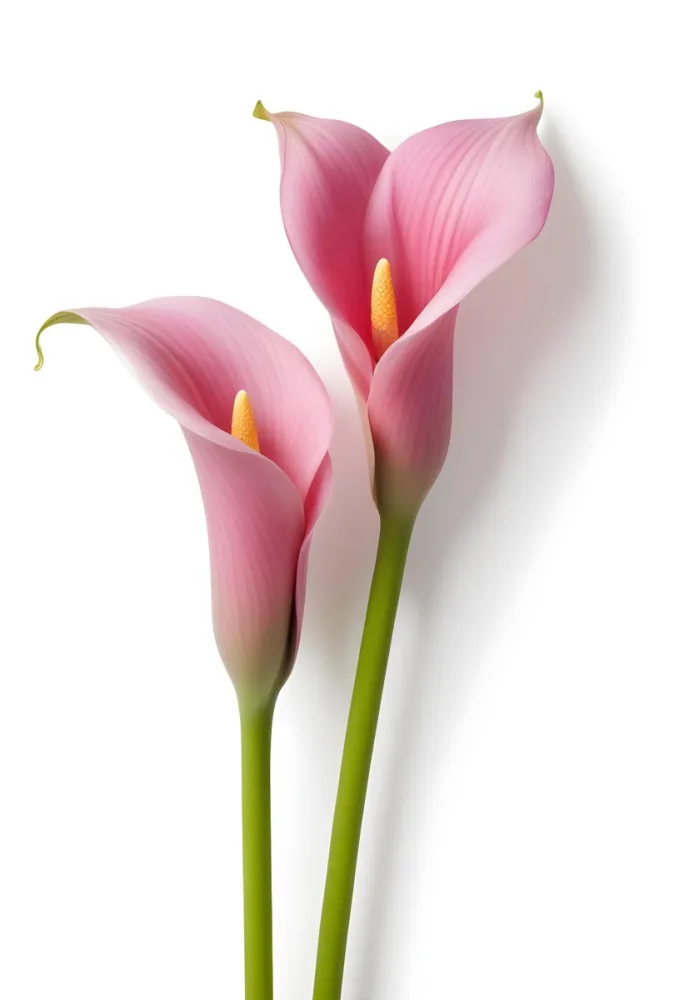 Two Pink Calla Lilies With Green Stems Against A White Background 15 C220