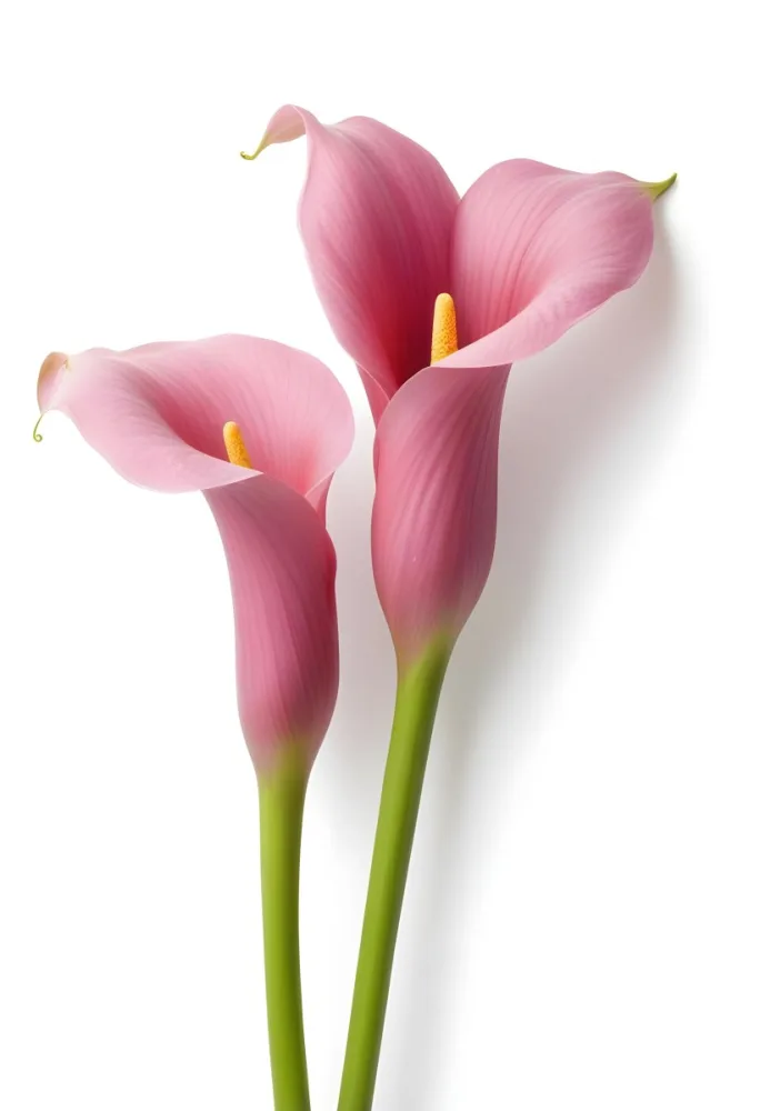Two Pink Calla Lilies With Green Stems Against A White Background 16 Af5b