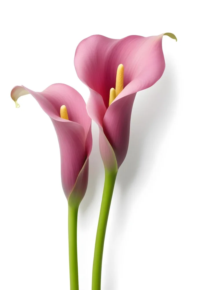 Two Pink Calla Lilies With Green Stems Against A White Background 2 Ba82