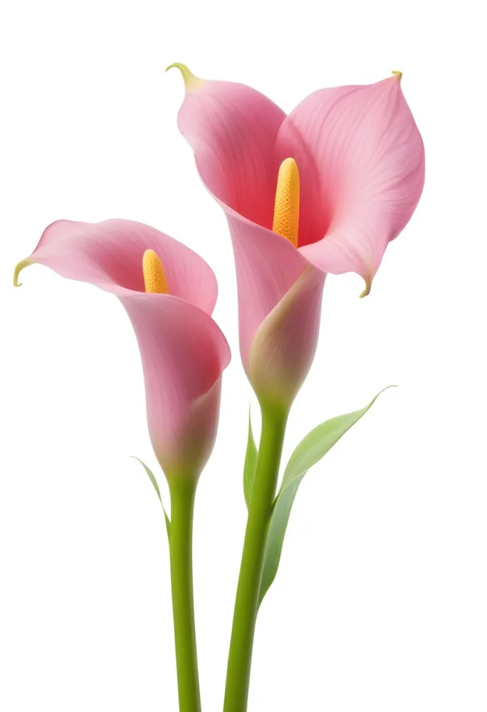 Two Pink Calla Lilies With Green Stems Against A White Background 20 125e