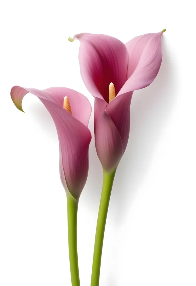 Two Pink Calla Lilies With Green Stems Against A White Background 23 69fc