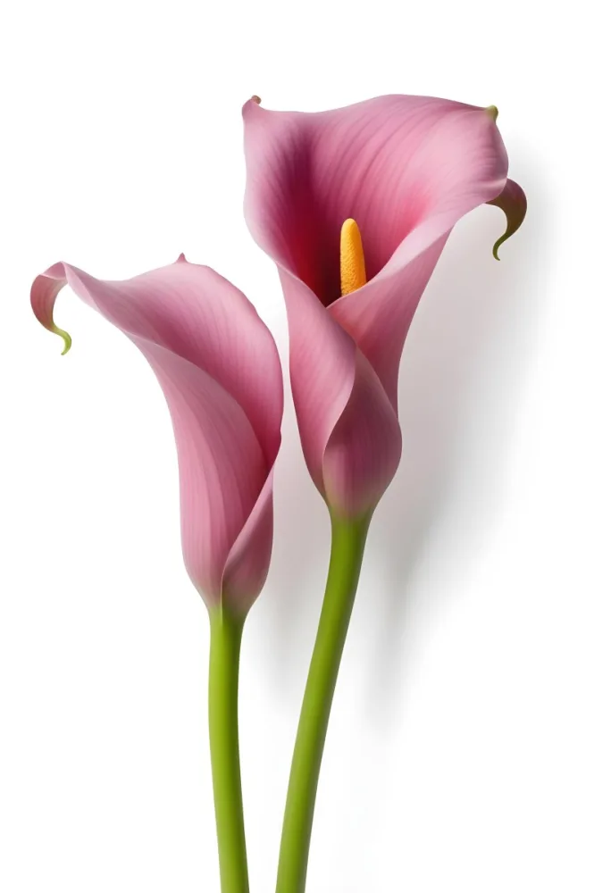 Two Pink Calla Lilies With Green Stems Against A White Background 27 A1a1