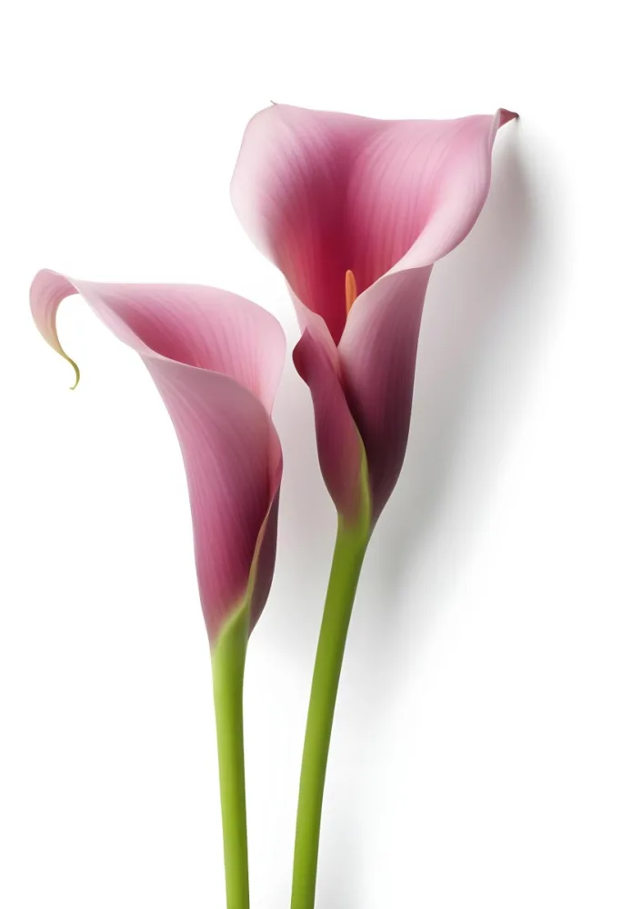 Two Pink Calla Lilies With Green Stems Against A White Background 29 69c7
