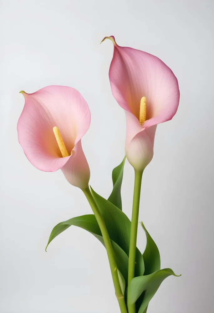 Two Pink Calla Lilies With Green Stems Against A White Background 3 Baf7