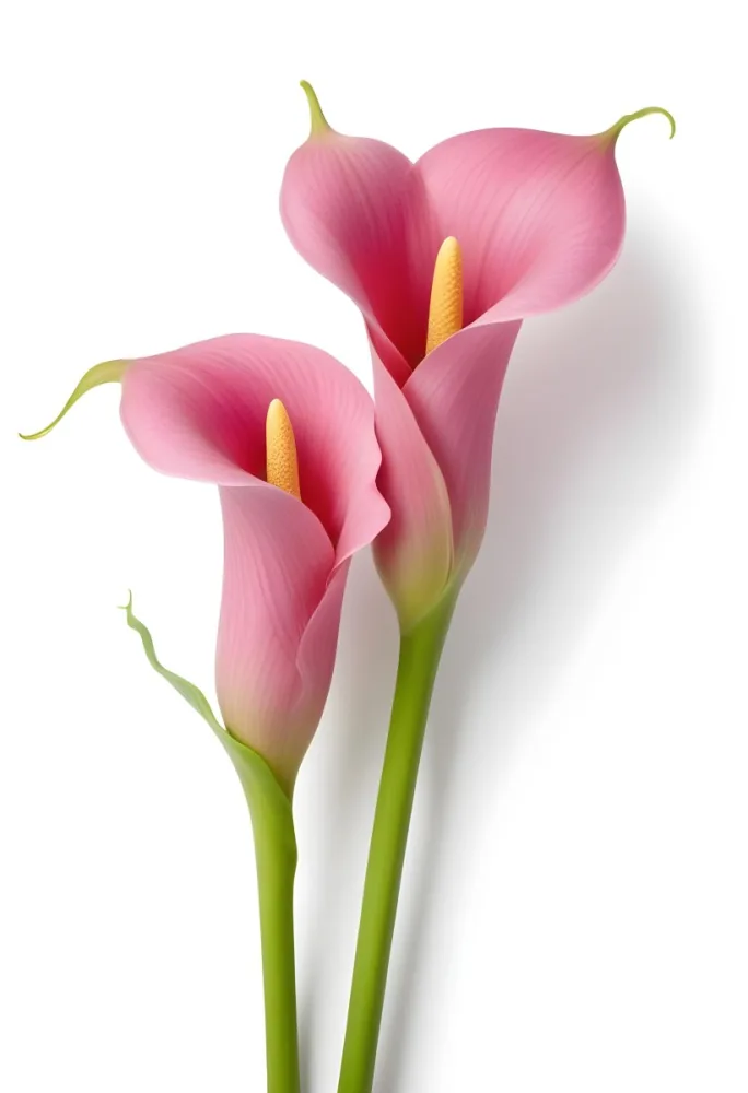 Two Pink Calla Lilies With Green Stems Against A White Background 30 8eb9