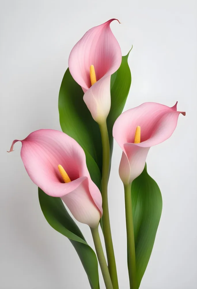 Two Pink Calla Lilies With Green Stems Against A White Background 32 7d31