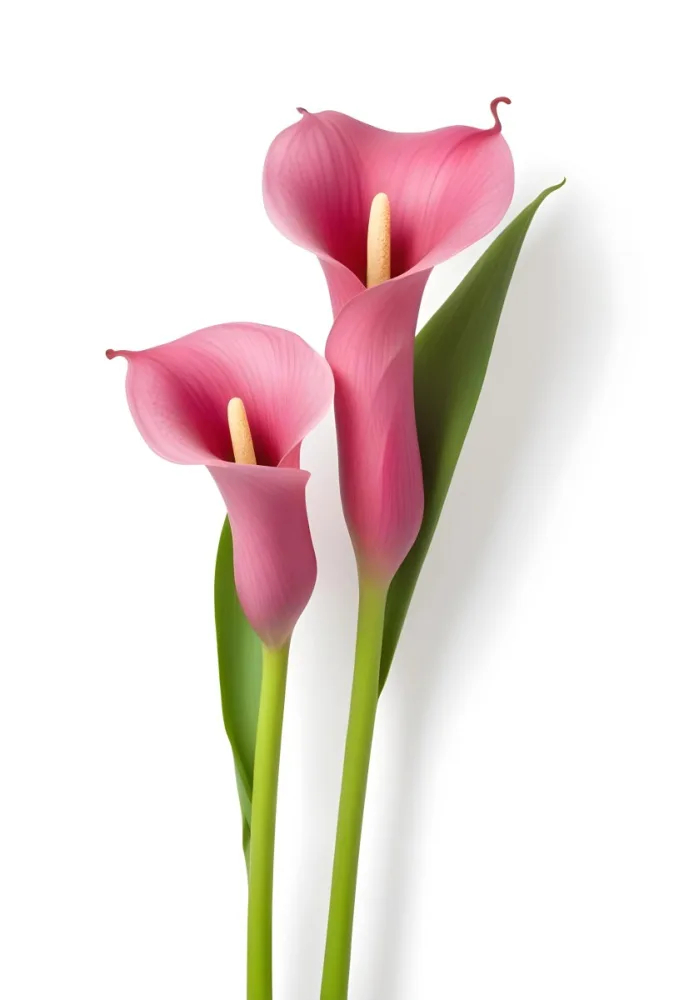 Two Pink Calla Lilies With Green Stems Against A White Background 4 41fe