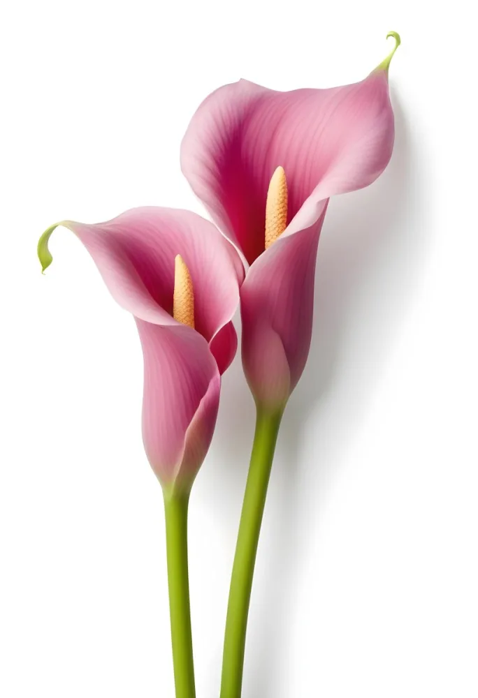 Two Pink Calla Lilies With Green Stems Against A White Background 5 7197