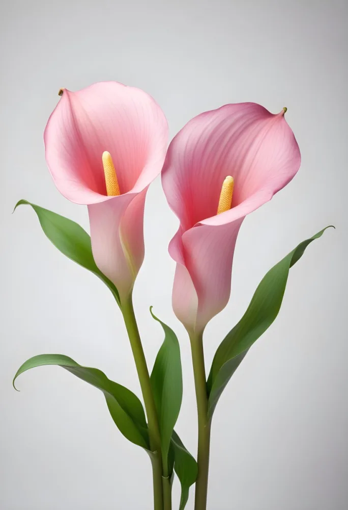 Two Pink Calla Lilies With Green Stems Against A White Background 6 5f80
