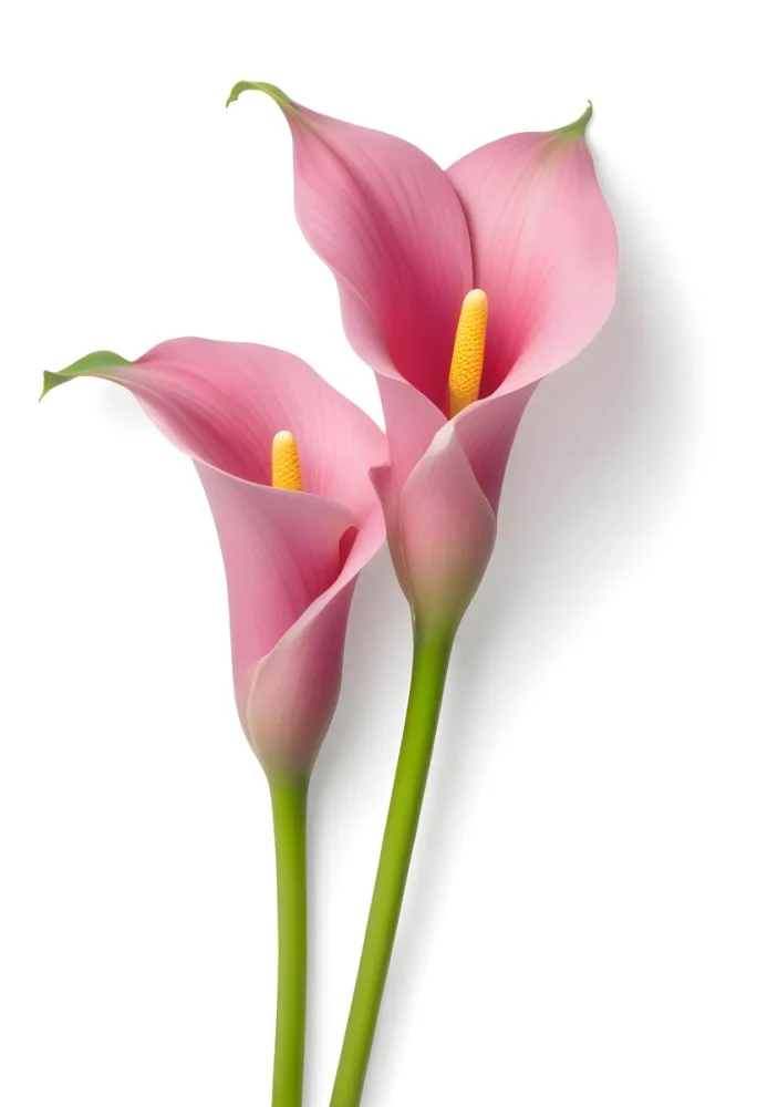 Two Pink Calla Lilies With Green Stems Against A White Background 8 F9cc