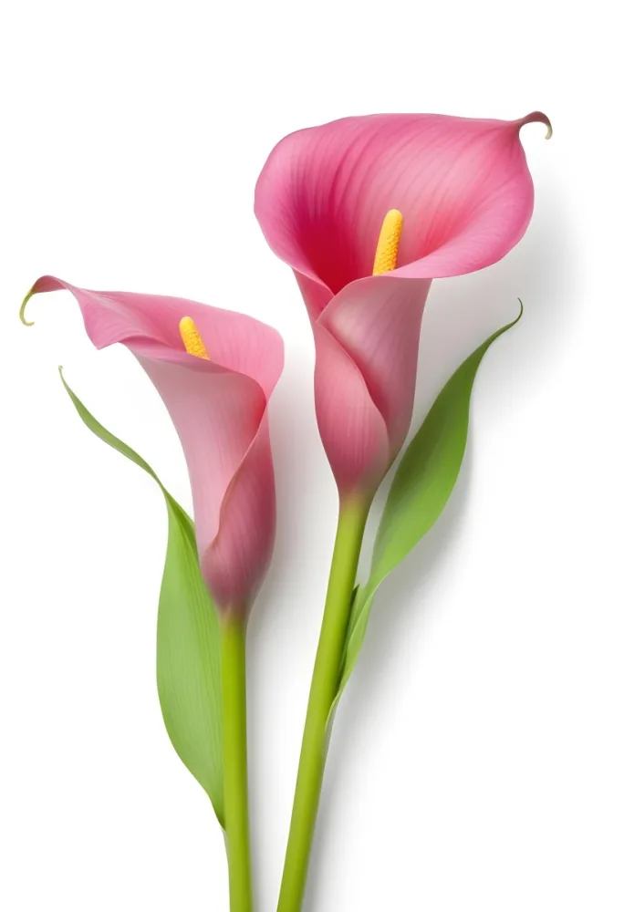Two Pink Calla Lilies With Green Stems Against A White Background 9 9f8e