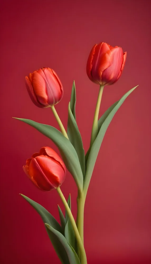 Two Red Tulips Against A Red Background 14 Cdcc