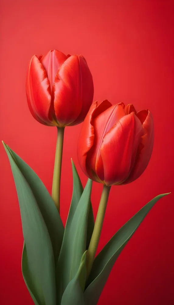 Two Red Tulips Against A Red Background 45 6d25