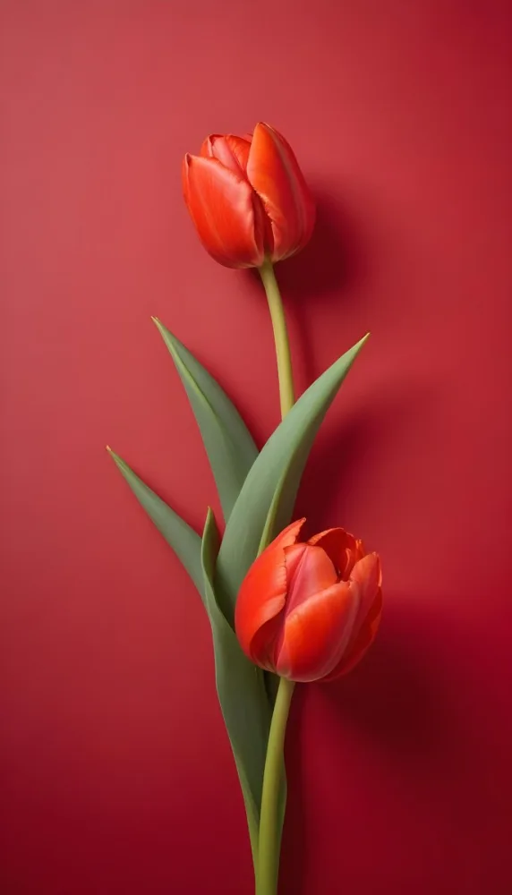 Two Red Tulips Against A Red Background 52 Bbe0