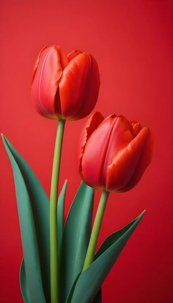 Two Red Tulips Against A Red Background 74 Fcfa