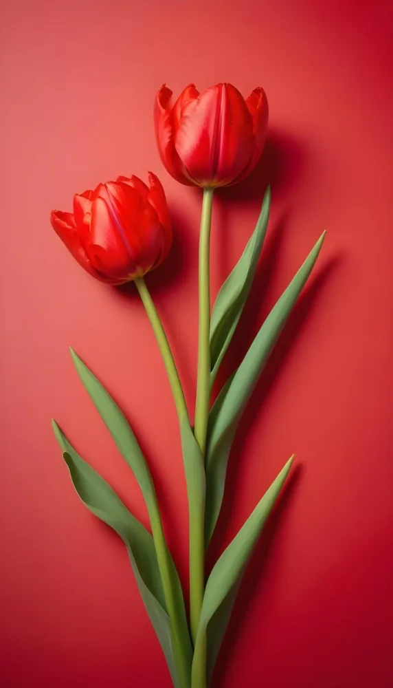 Two Red Tulips Against A Red Background 88 1a50