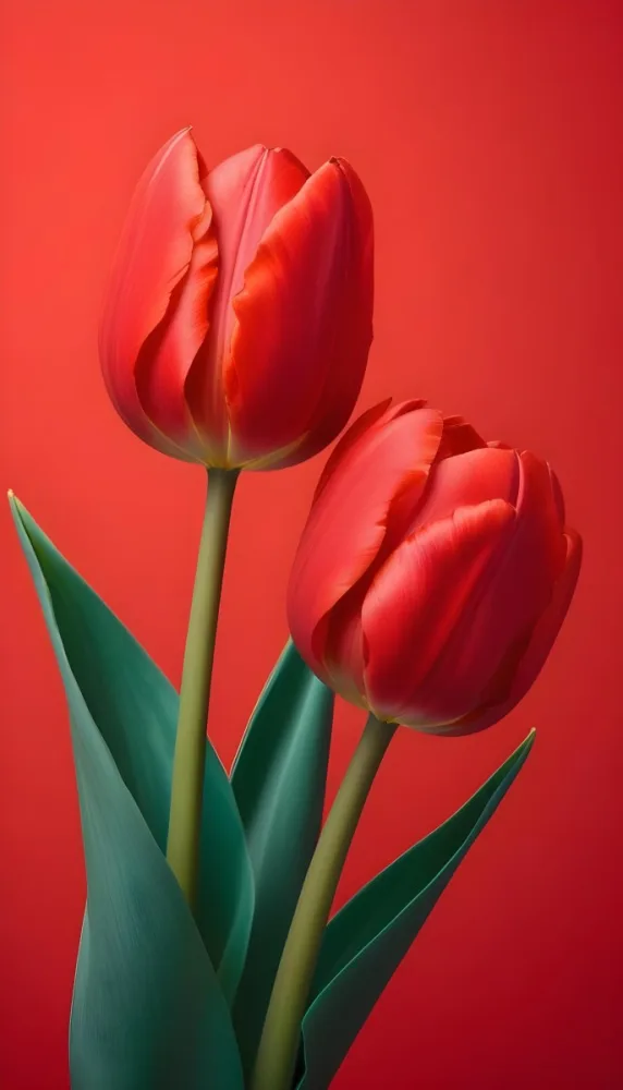 Two Red Tulips Against A Red Background 9 C770
