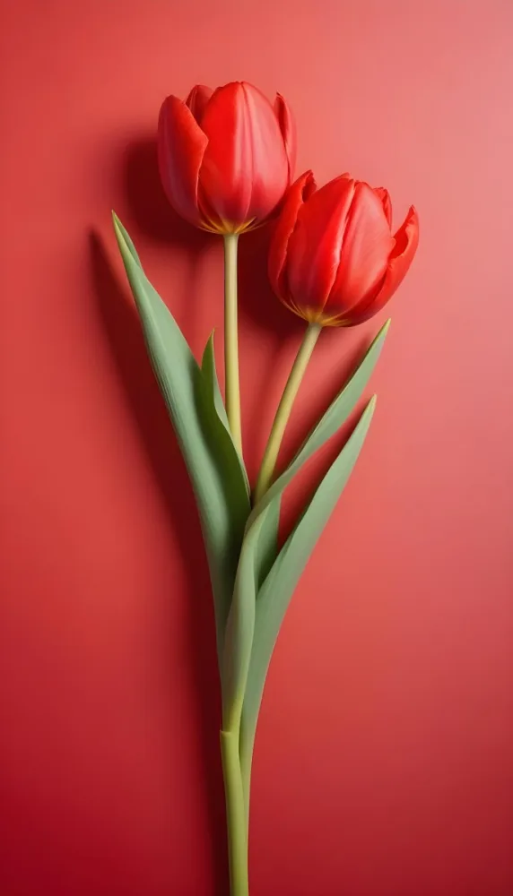 Two Red Tulips Against A Red Background 91 750a