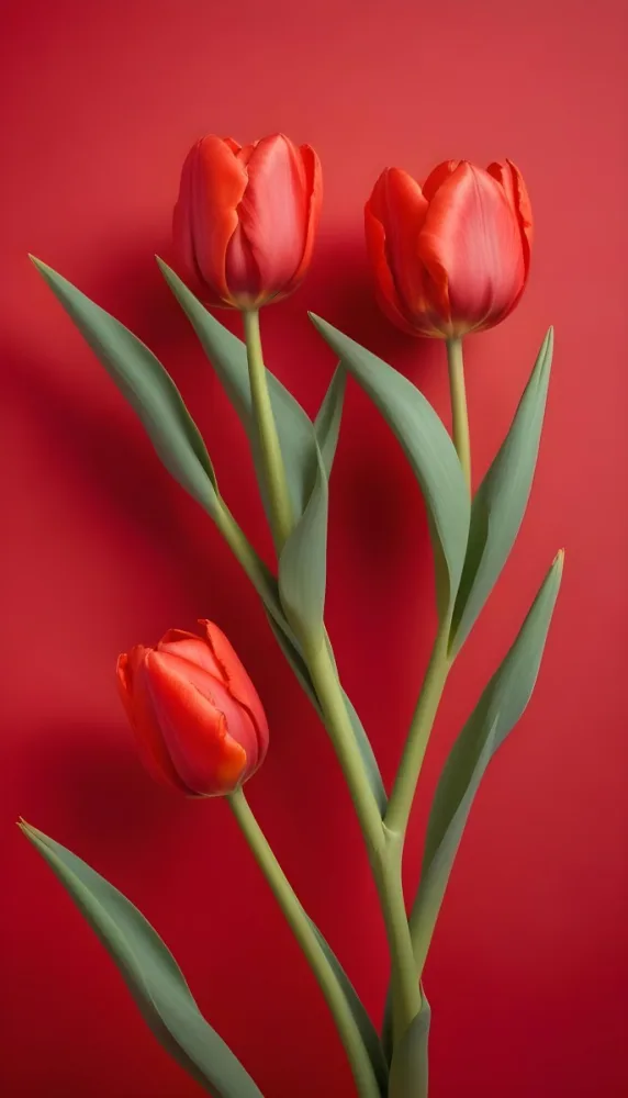Two Red Tulips Against A Red Background 92 C9cb