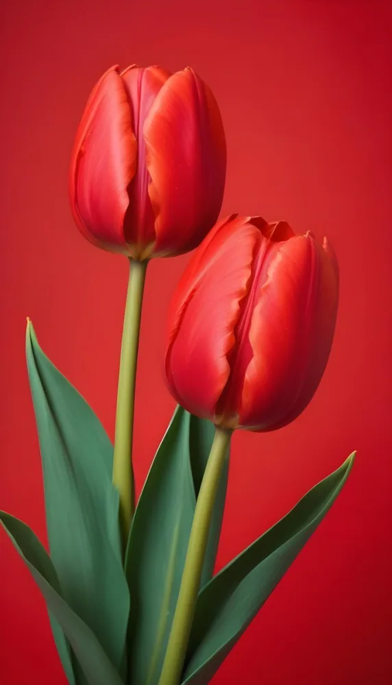 Two Red Tulips Against A Red Background 93 082b