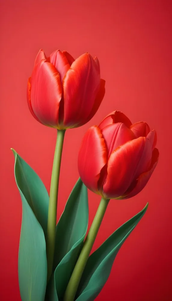 Two Red Tulips Against A Red Background 96 Ebfb