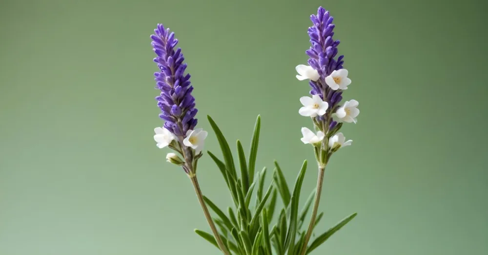 Two Sprigs Of Lavender With White Flowers And Purple Stems Isolated On A Green Background Close Up Shot Natural Light Botanical Photography 21 50cc