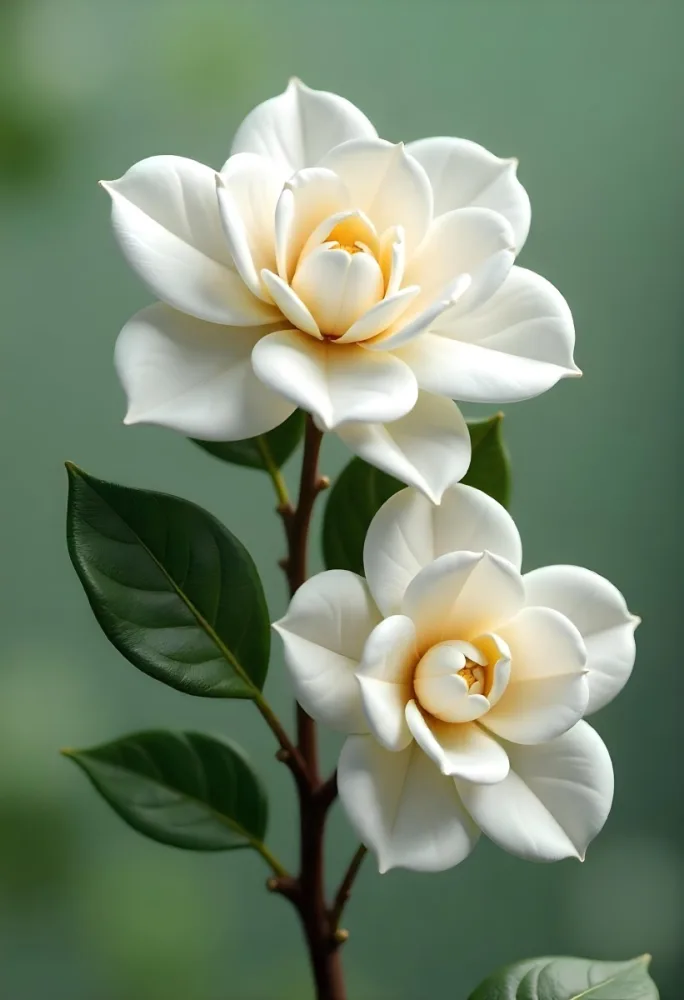 Two White Camellia Flowers With White Centers Yellow Leaves And A Stem Soft Lighting Shallow Depth Of Field Against A Blurred Green Background 11 718c