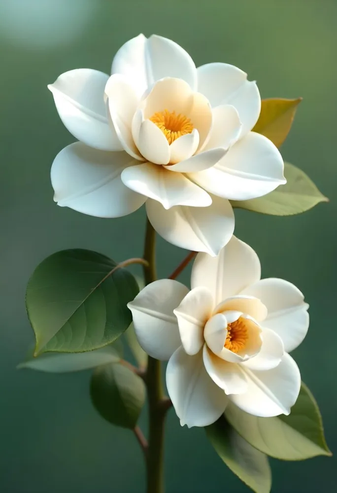 Two White Camellia Flowers With White Centers Yellow Leaves And A Stem Soft Lighting Shallow Depth Of Field Against A Blurred Green Background 25 A095