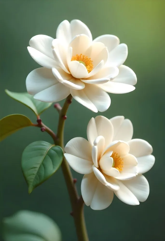 Two White Camellia Flowers With White Centers Yellow Leaves And A Stem Soft Lighting Shallow Depth Of Field Against A Blurred Green Background 29 7372