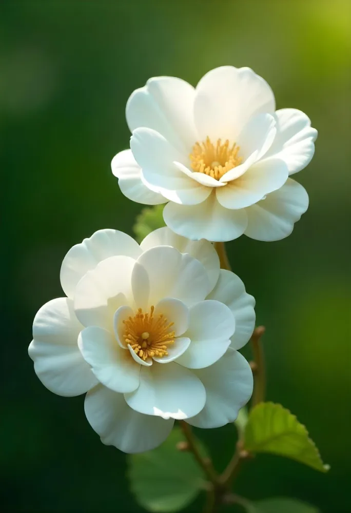 Two White Camellia Flowers With White Centers Yellow Leaves And A Stem Soft Lighting Shallow Depth Of Field Against A Blurred Green Background 34 E992
