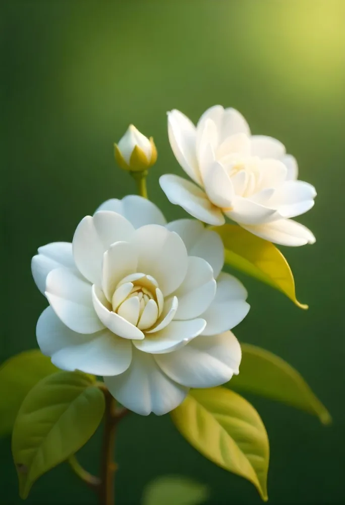 Two White Camellia Flowers With White Centers Yellow Leaves And A Stem Soft Lighting Shallow Depth Of Field Against A Blurred Green Background 38 C831