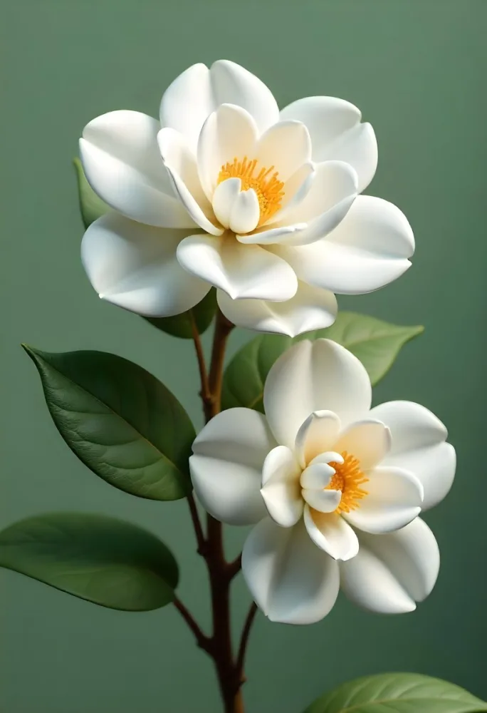 Two White Camellia Flowers With White Centers Yellow Leaves And A Stem Soft Lighting Shallow Depth Of Field Against A Blurred Green Background 47 0465