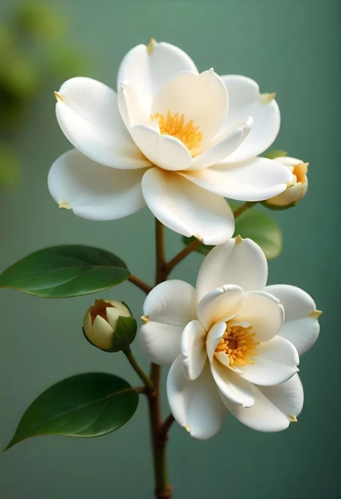Two White Camellia Flowers With White Centers Yellow Leaves And A Stem Soft Lighting Shallow Depth Of Field Against A Blurred Green Background 53 A7ad