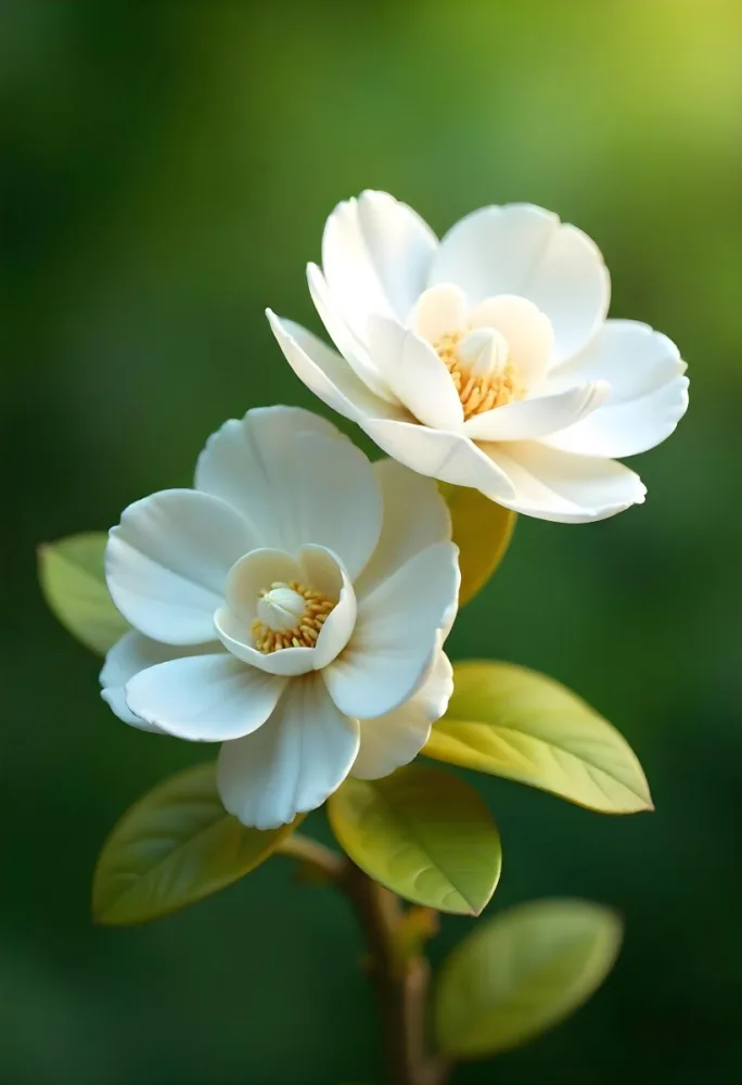 Two White Camellia Flowers With White Centers Yellow Leaves And A Stem Soft Lighting Shallow Depth Of Field Against A Blurred Green Background 54 3d42