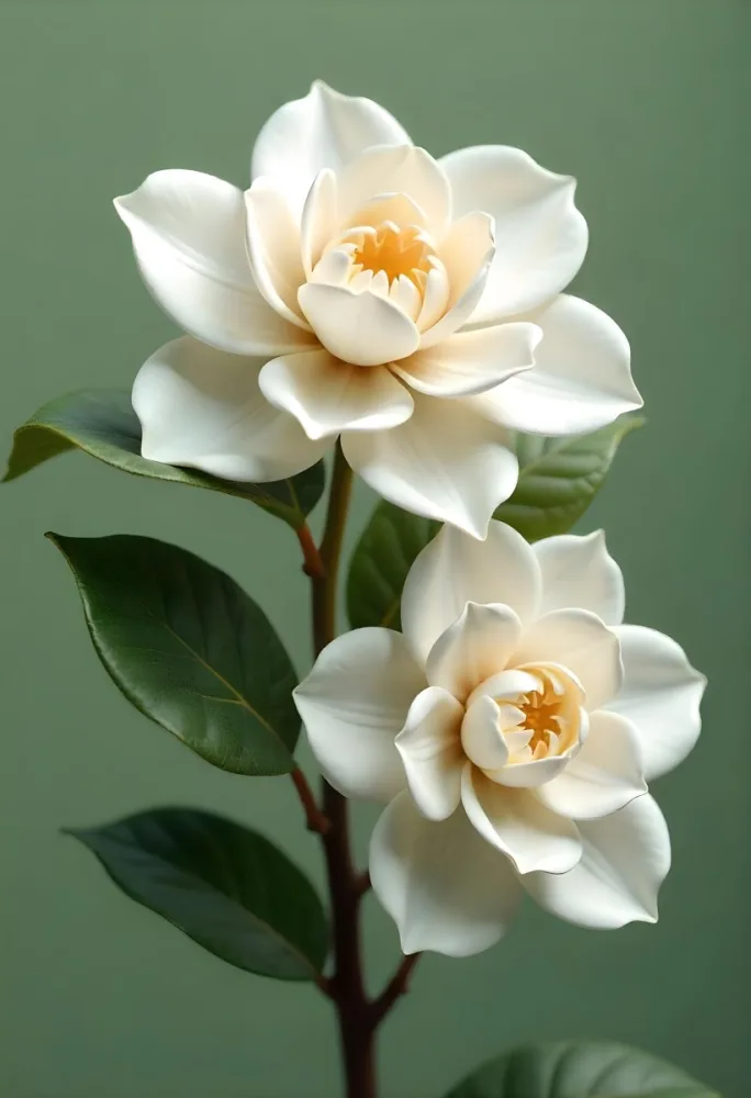 Two White Camellia Flowers With White Centers Yellow Leaves And A Stem Soft Lighting Shallow Depth Of Field Against A Blurred Green Background 55 7d9d
