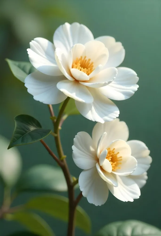 Two White Camellia Flowers With White Centers Yellow Leaves And A Stem Soft Lighting Shallow Depth Of Field Against A Blurred Green Background 56 45d2