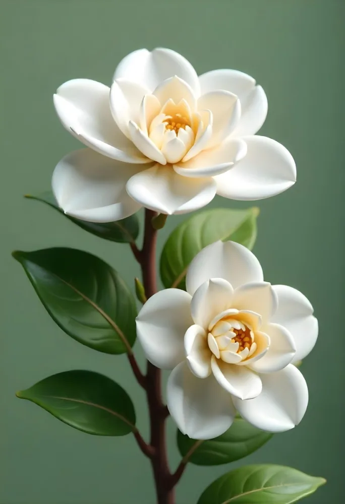 Two White Camellia Flowers With White Centers Yellow Leaves And A Stem Soft Lighting Shallow Depth Of Field Against A Blurred Green Background 57 Cea0