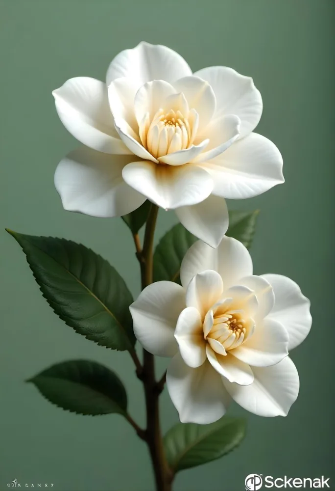 Two White Camellia Flowers With White Centers Yellow Leaves And A Stem Soft Lighting Shallow Depth Of Field Against A Blurred Green Background 59 4183