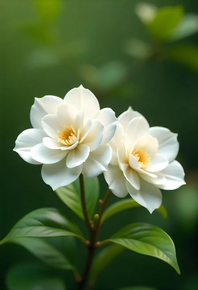 Two White Camellia Flowers With White Centers Yellow Leaves And A Stem Soft Lighting Shallow Depth Of Field Against A Blurred Green Background 6 A48b
