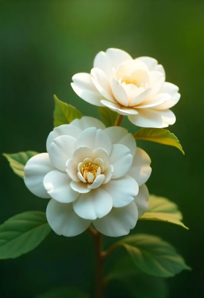 Two White Camellia Flowers With White Centers Yellow Leaves And A Stem Soft Lighting Shallow Depth Of Field Against A Blurred Green Background 60 7fac