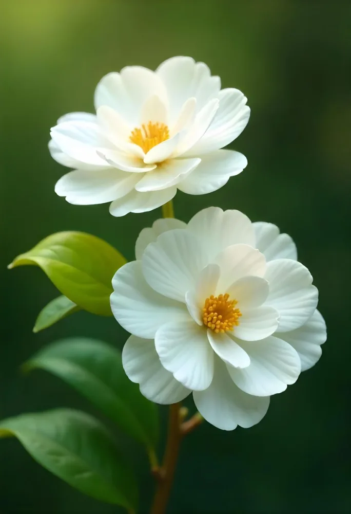 Two White Camellia Flowers With White Centers Yellow Leaves And A Stem Soft Lighting Shallow Depth Of Field Against A Blurred Green Background 62 Af40