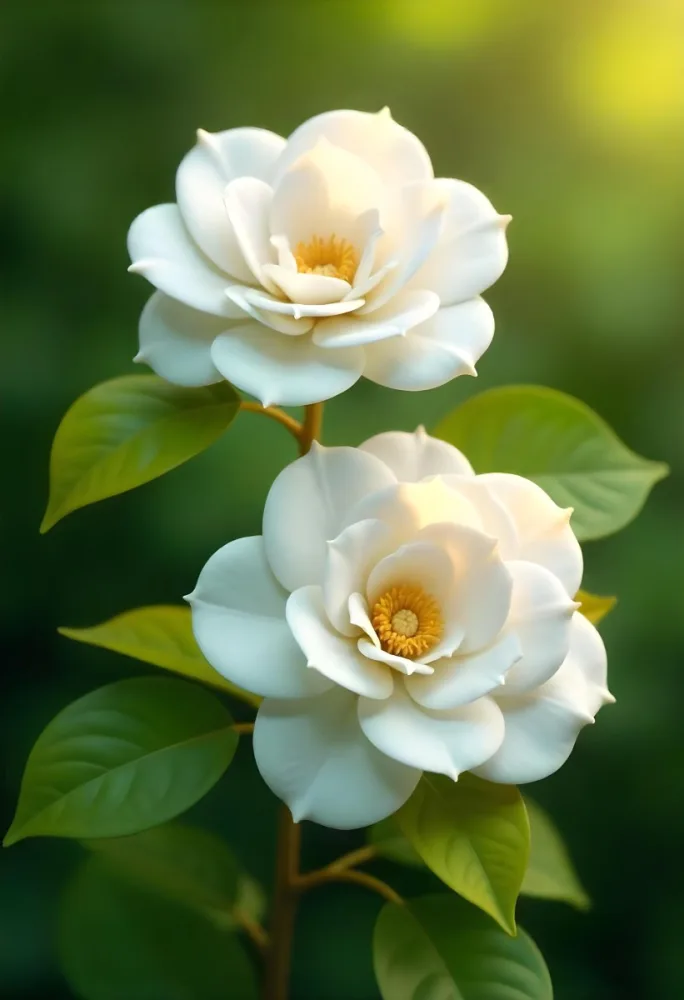 Two White Camellia Flowers With White Centers Yellow Leaves And A Stem Soft Lighting Shallow Depth Of Field Against A Blurred Green Background 8 Fd9a