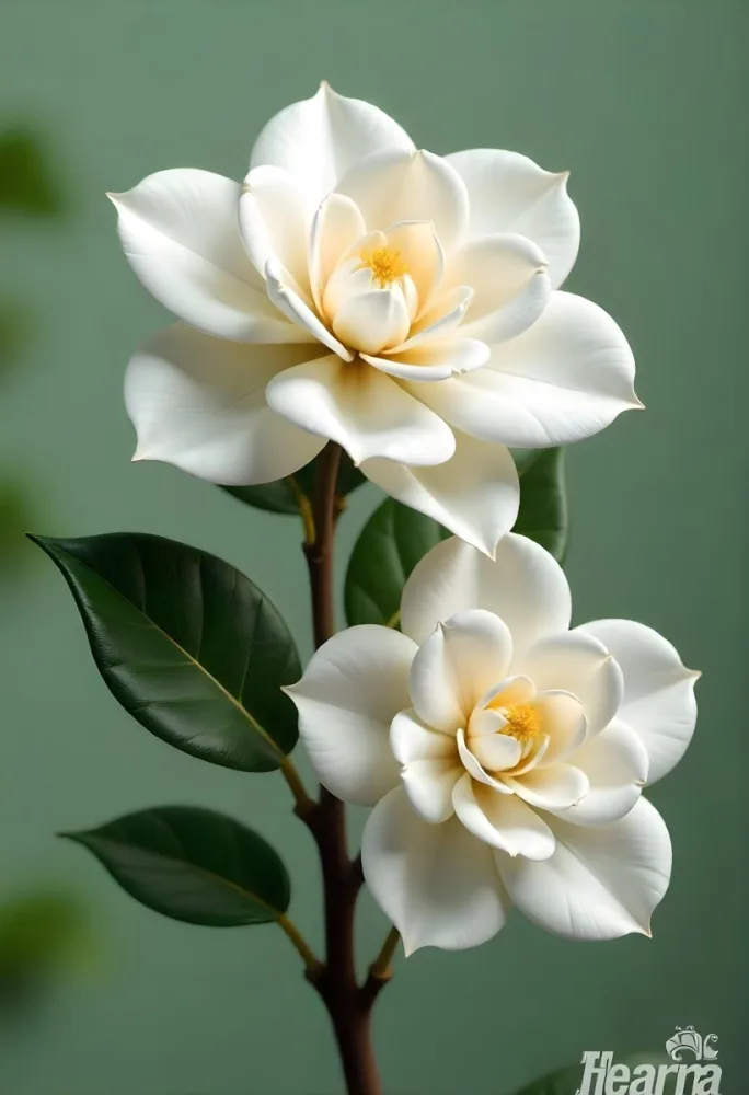 Two White Camellia Flowers With White Centers Yellow Leaves And A Stem Soft Lighting Shallow Depth Of Field Against A Blurred Green Background 9 C482