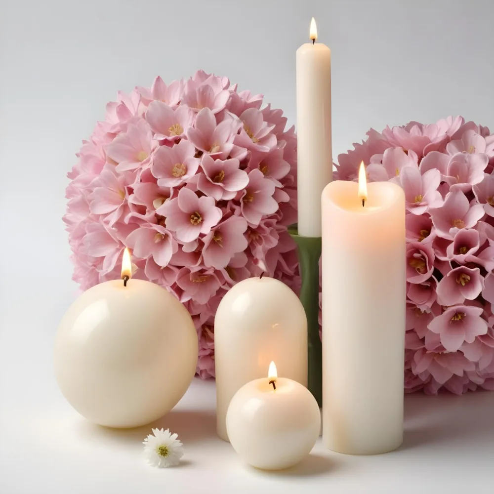 Two White Candles With White Flowers In A White Background One Candle Is Spherical And The Other Is Cylindrical 5 8232