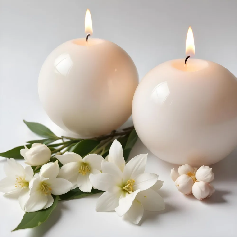 Two White Candles With White Flowers In A White Background One Candle Is Spherical And The Other Is Cylindrical 7 8b37
